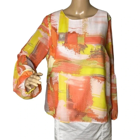 Soft Works 🇨🇦 balloon sleeve blouse,sz LARGE boho ,Multicolor,artsy,semi sheer - Picture 2 of 13
